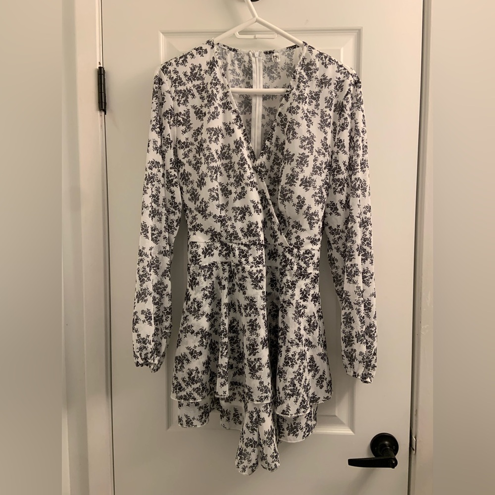 Chic Black and White Floral Wrap Mini Dress